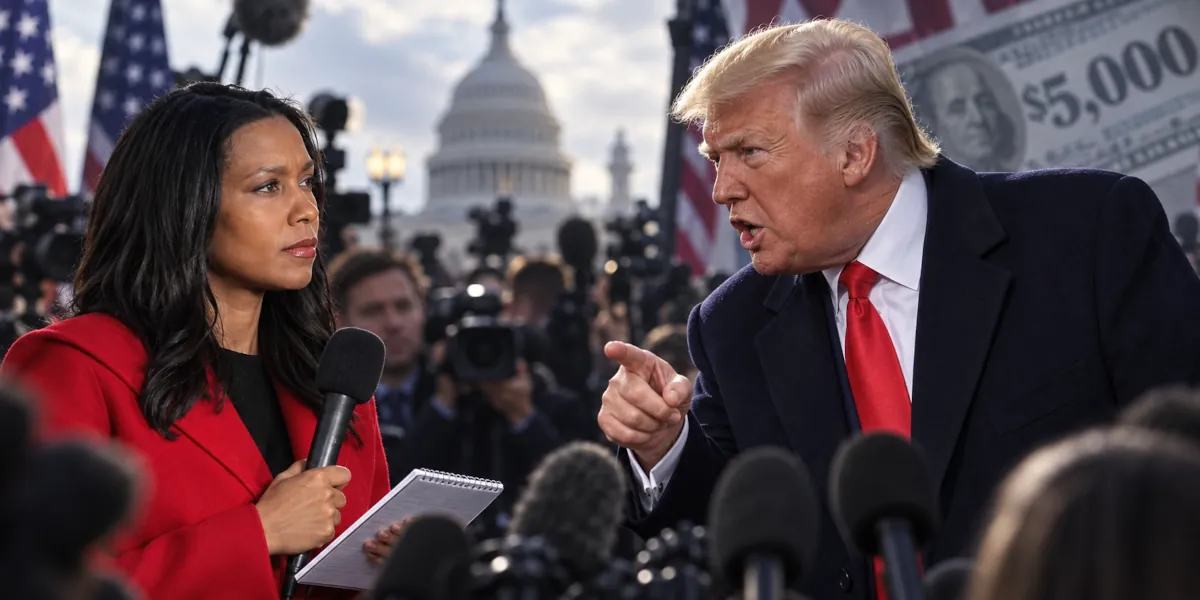 Donald Trump durante lo scambio con la giornalista Rachel Scott dopo le domande sulla promessa di 5.000 dollari in caso di vittoria repubblicana alle elezioni di midterm.